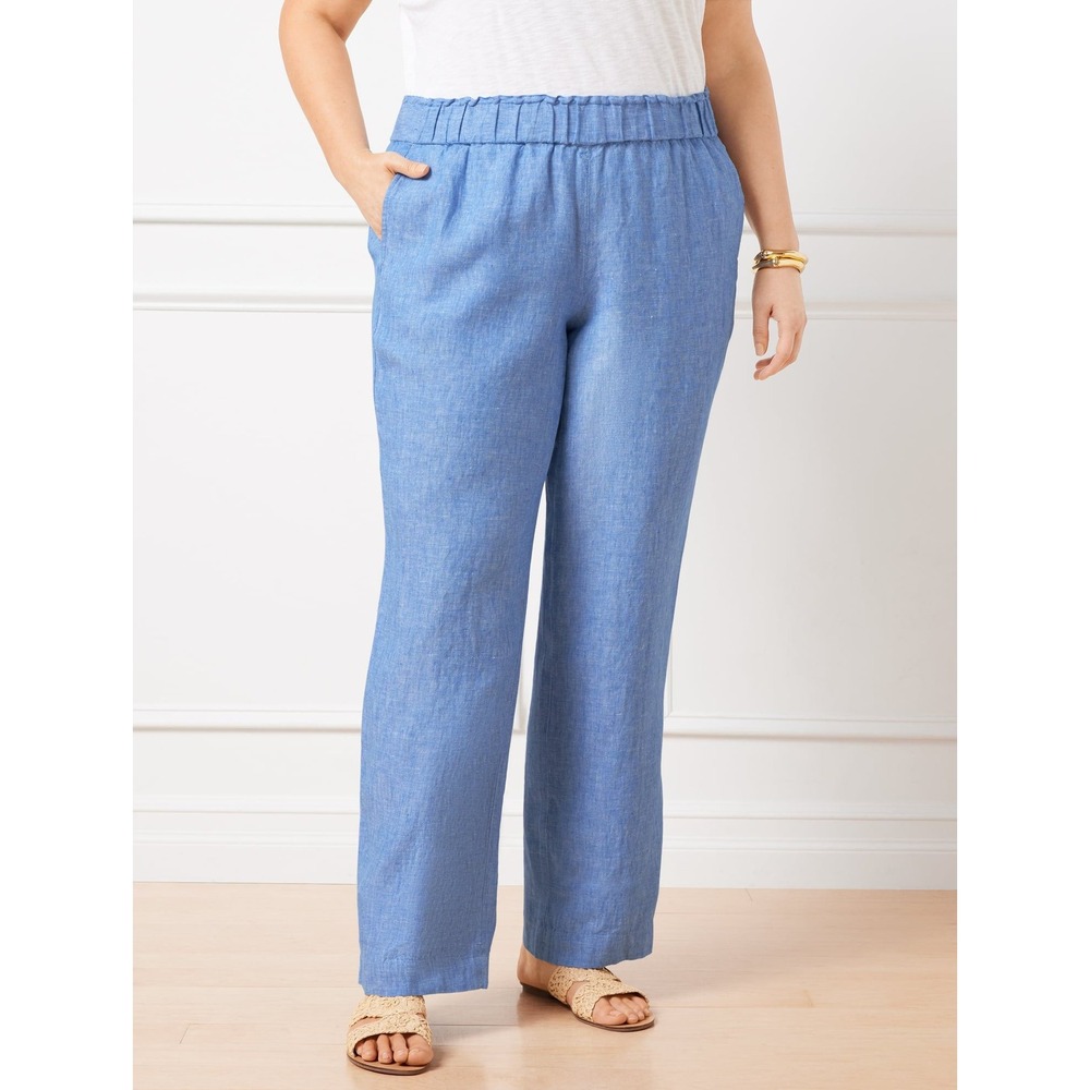 Talbots Nantucket Pull-on Wide Leg Pants Womens SZ 1XP Blue Linen Coastal Resort